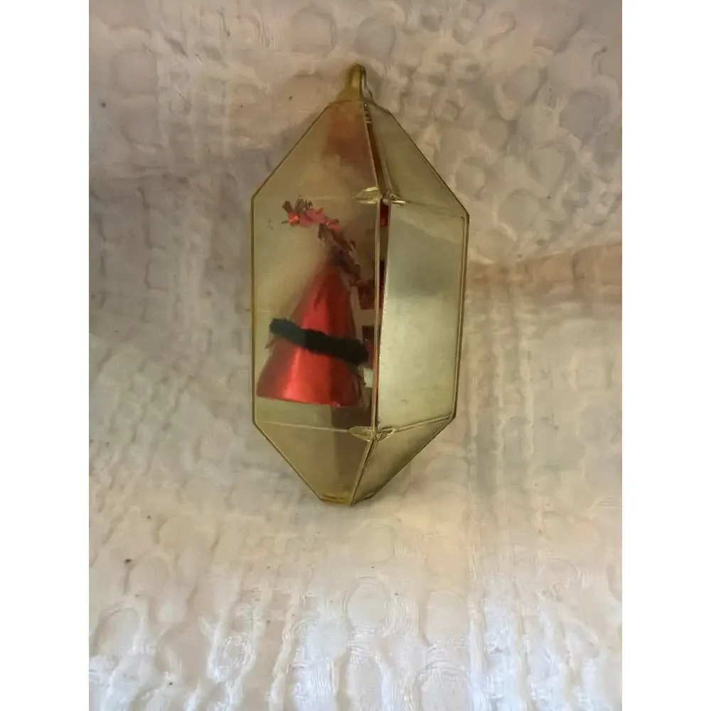 Vintage Jewel Brite Santa Lantern Diorama Christmas Ornament Yellow Plastic 3